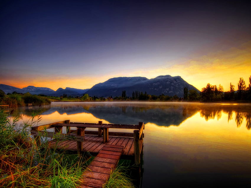 Lake sunrise, river, morning, sundown, peaceful, beautiful, sunrise, mountain, lake, summer, reflection, nature, water, calm, calmness, sunset HD wallpaper