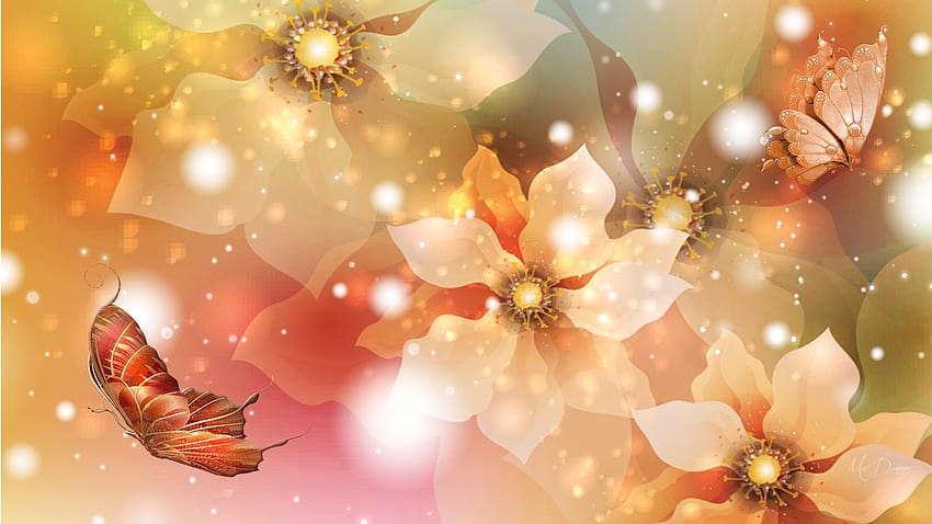В оранжево и розово, пеперуди, лято, блясък, блясък, мекота, цветя, тема за Firefox Persona HD тапет