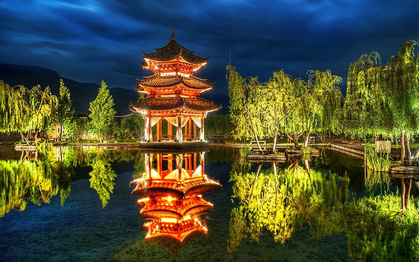 Cities, Sky, Night, Lake, Forest, Pagoda, China HD wallpaper