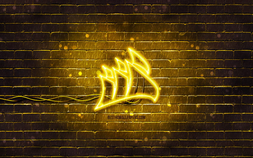 Logo kuning Corsair, , brickwall kuning, logo Corsair, merek, logo neon Corsair, Corsair Wallpaper HD