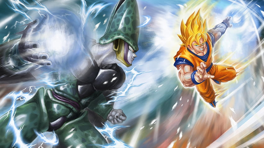 SSJ Goku vs Perfect Cell - Otra pelea bien coreografiada en Dbz. y el impacto de Goku perdiendo el combate ante Cell y pasando la antorcha a Gohan. fondo de pantalla