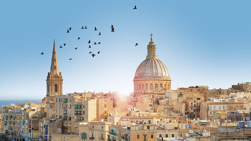 Malta, miasto Valletta City, budynki, ptaki, promienie słońca U Tapeta HD