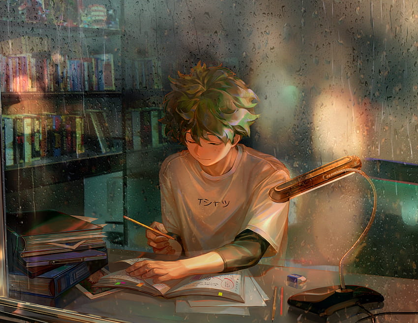 Devoirs, cheveux verts, anime boy, art, Izuku Midoriya Fond d'écran HD