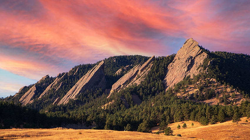 Flatirons, Boulder, Colorado, dağlar, sonbahar, renkler, manzara, ağaçlar, gökyüzü, ABD HD duvar kağıdı