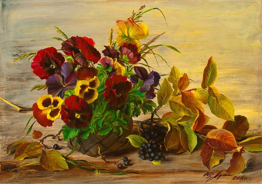 Still life, art, vase, beautiful, nice, tender, pansies, leaves, delicate, painting, pretty, flowers, lovely HD wallpaper
