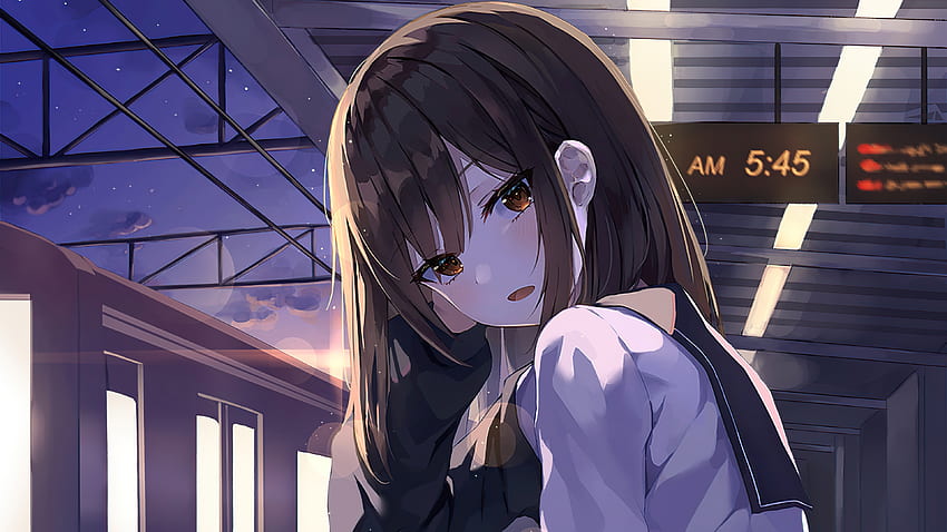 Anime School Girl Sitting In Train Platform , Anime, , , Background et , Anime Girl School Fond d'écran HD