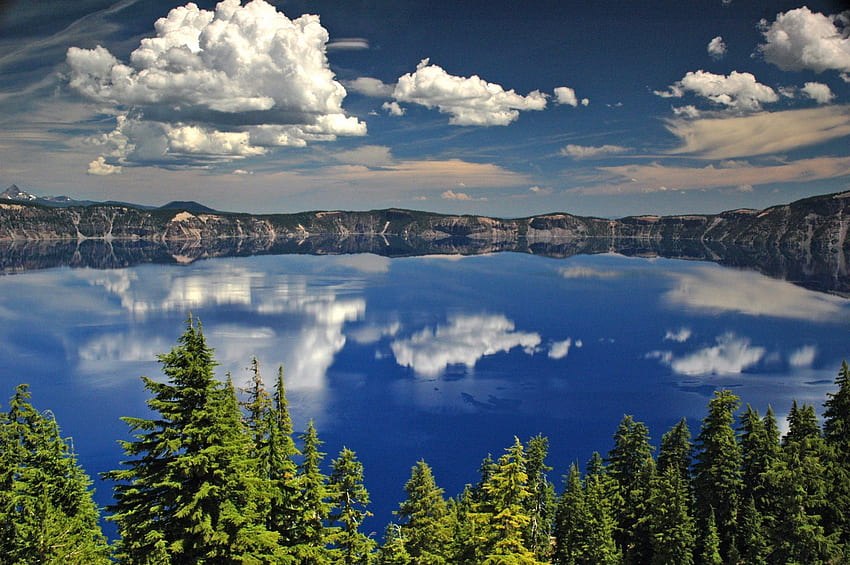 Crater Lake National Park, Oregon, blue, oregon, lake, park, reflection, clouds, trees, crater, national, nature, sky, water, forest HD wallpaper