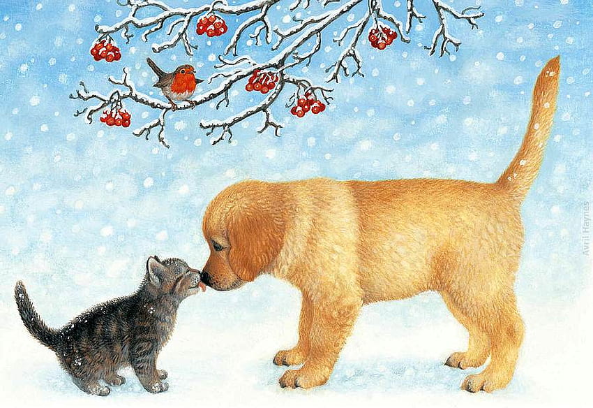 โดย Avril Haynes หมา ลูกแมว หวาน ฤดูหนาว สัตว์ ฝน นก แมว ต้นไม้ ลูกหมา ความรัก หิมะ Avril Haynes คริสต์มาส วอลล์เปเปอร์ HD
