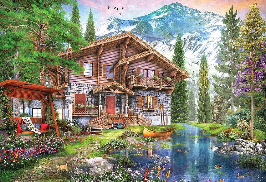 Mountain Chalet, house, trees, mountains, lake, boat, stones, artwork, ducks, bicycle, painting, flowers HD wallpaper