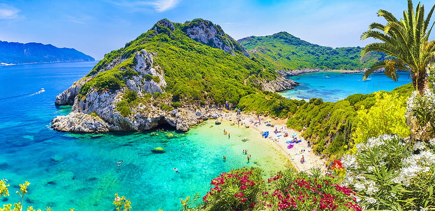 Ilha de Corfu, Grécia, ilha, mar, cristal, baía, paraíso, bonita, praia, montanha, panorama, turismo, período de férias, verão, descansar, Visão, flores, agua papel de parede HD