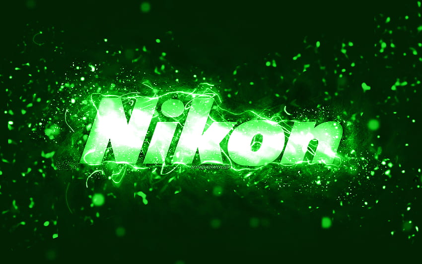 Nikon green logo, , green neon lights, creative, green abstract background, Nikon logo, brands, Nikon HD wallpaper