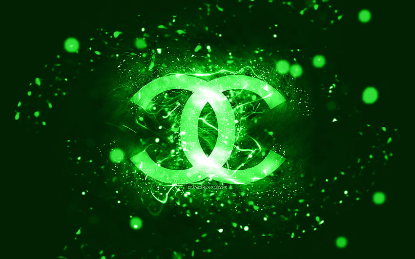 Chanel green logo, , green neon lights, creative, green abstract background, Chanel logo, fashion brands, Chanel HD wallpaper