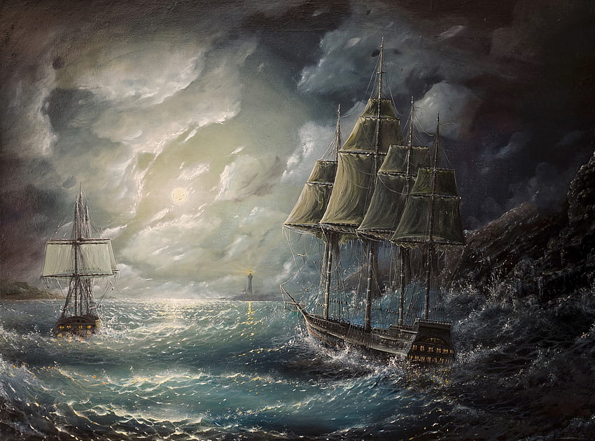 ศิลปะ, ทะเล, , การวาด, เรือใบ, พายุ วอลล์เปเปอร์ HD