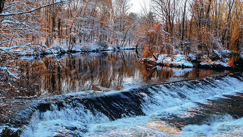 ฤดูหนาว ธรรมชาติ แม่น้ำ ต้นไม้ การไหล ธรณีประตู วอลล์เปเปอร์ HD