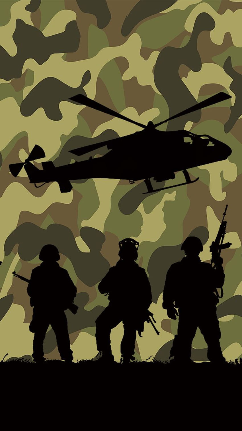 Military camouflage with helicopter and soldier silhouette HD phone wallpaper