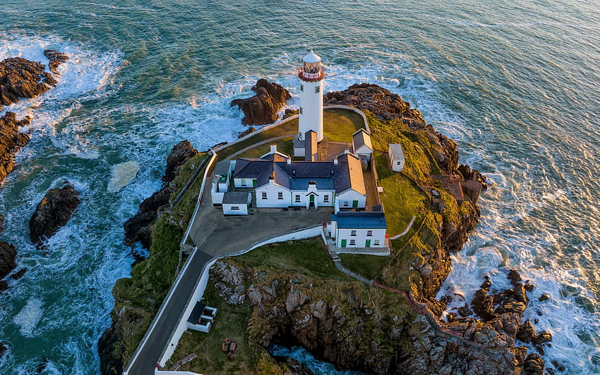 lighthouse, coast, aerial view, Ulster, Arryheernabin, ocean, waves, white lighthouse, Ireland HD wallpaper