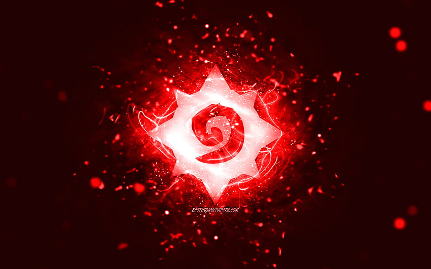Hearthstone red logo, , red neon lights, creative, red abstract background, Hearthstone logo, online games, Hearthstone HD wallpaper