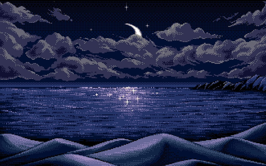 digital Art, Pixel Art, Pixels, Moon, Horizon, Blue, Reflection, Nature, Sea, Clouds, Hills, Mountains, Night, Stars, Landscape / and ... HD wallpaper
