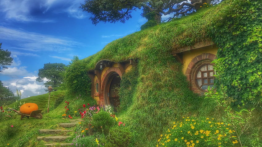hobbiton movie set, forest house, New Zealand Spring HD wallpaper