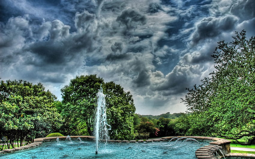 fountain, clouds, trees, sky, nature HD wallpaper