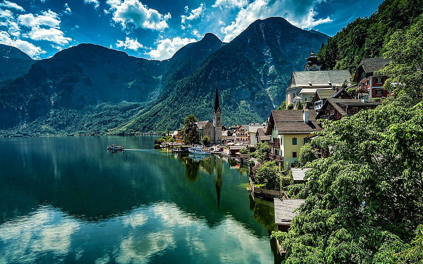 Hallstatt, lato, austriackie miasta, góry, Salzkammergut, Austria, Alpy, piękna przyroda, R, Europa Tapeta HD