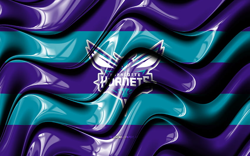 Bandera de Charlotte Hornets, ondas 3D violetas y azules, NBA, equipo de baloncesto estadounidense, logotipo de Charlotte Hornets, baloncesto, Charlotte Hornets fondo de pantalla