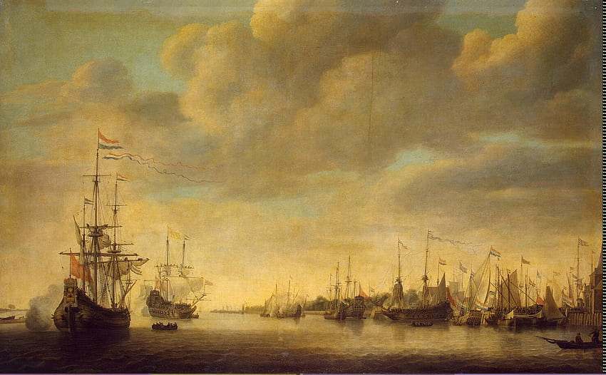 Der König kommt, Wolken, Segelschiffe, Flaggen, Wasser HD-Hintergrundbild