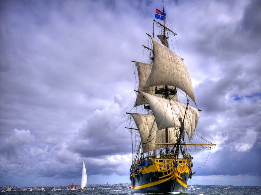 帆、雲、船、海 高画質の壁紙
