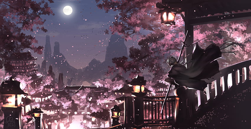 HD wallpaper anime anime girls brunette long hair cherry blossom night   Wallpaper Flare