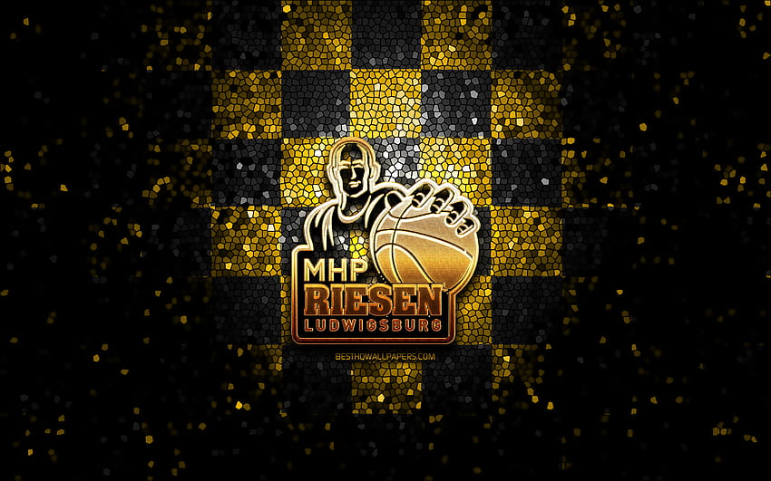 Riesen Ludwigsburg, glitter logo, BBL, yellow black checkered background, basketball, german basketball club, Riesen Ludwigsburg logo, mosaic art, Basketball Bundesliga HD wallpaper