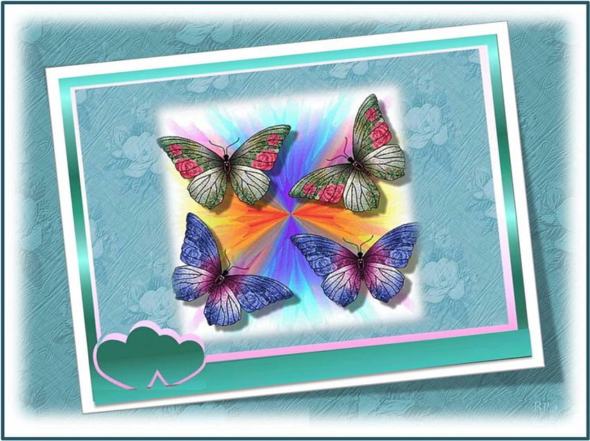 バタフライ フォー フラッタービー!、ハート、蝶、ターコイズ ブルーの背景、 高画質の壁紙