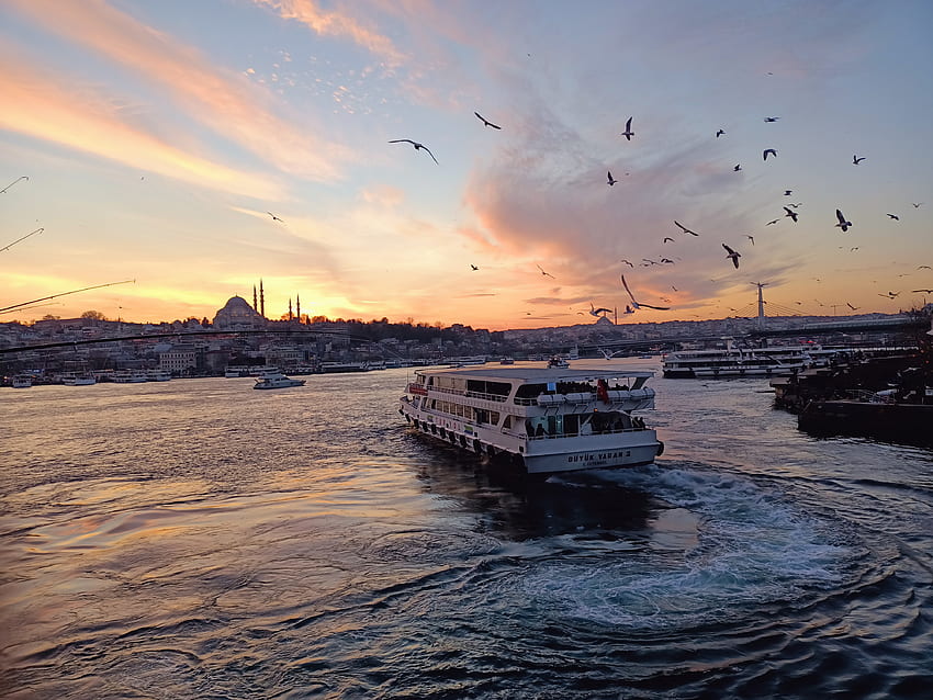 Eminönü Galata köprüsü, günbatımı, gökyüzü, gemi HD wallpaper