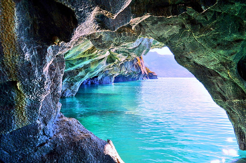 大理石の洞窟内、カレラ湖、チリ、パタゴニア、青緑色の水、洞窟、美しい、岩、湖 高画質の壁紙