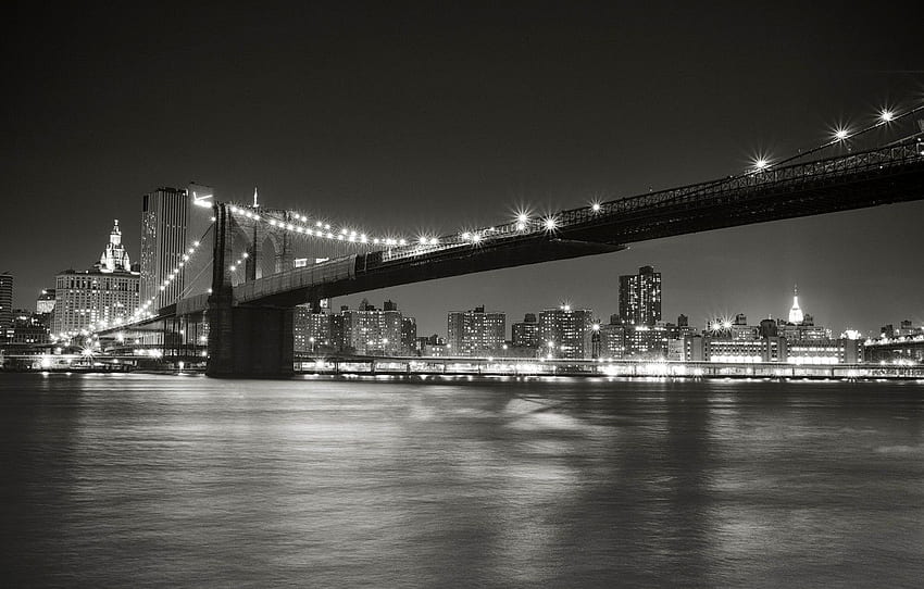 night, the city, lights, Strait, New York, lighting, black and white, USA, USA, Brooklyn bridge, Manhattan, New York, Manhattan, NYC, New York City, Brooklyn Bridge for , section город, New York Black White HD wallpaper