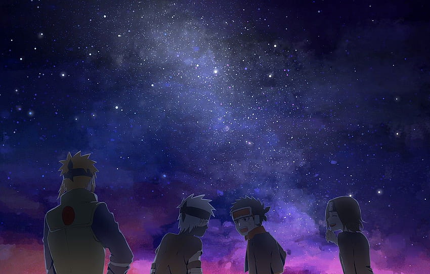 el cielo, estrellas, noche, estrella, la vía láctea, Naruto, noche, cielo nocturno, Hatake Kakashi, Nohara Rin, Obito Uchiha, por Logll para su sección арт fondo de pantalla