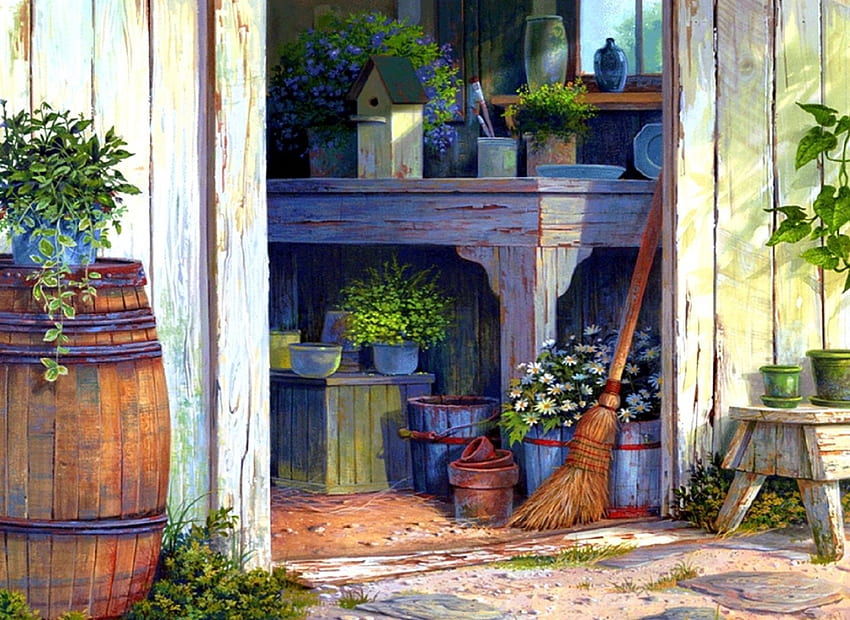The Potting Shed, love four seasons, brooms, draw and paint, flowers, paintings, lovely still life, birdhouse, pots HD wallpaper