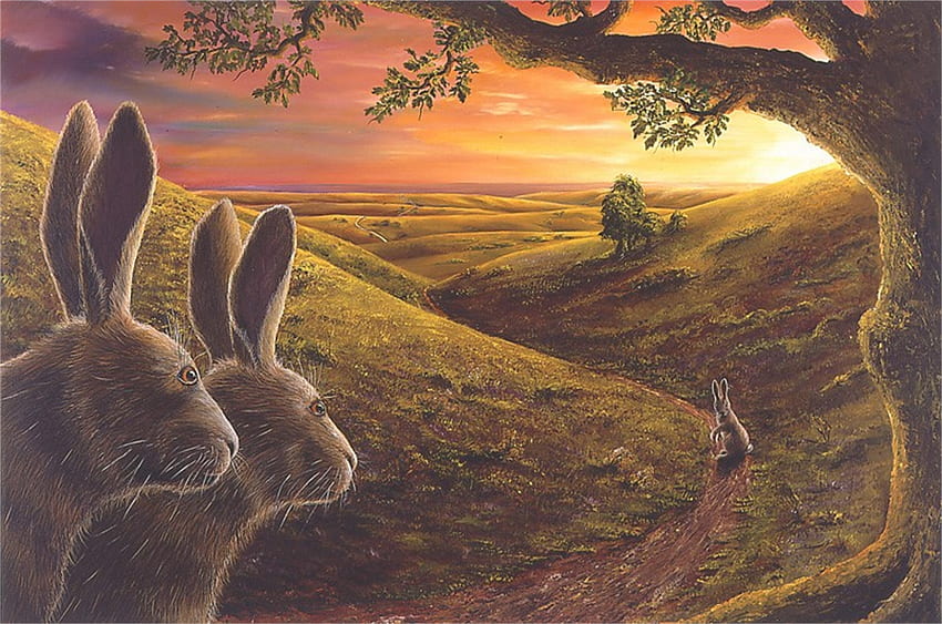 Sunset, pictura painting, robert bissell, rabbit, bunny, art HD wallpaper
