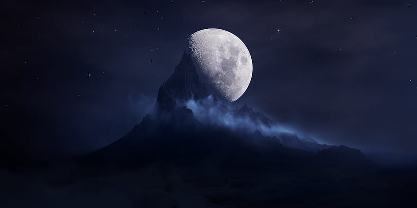 Twilight, night, landscape, stars, mountain, digital, moonlight, moon, clouds, sky HD wallpaper