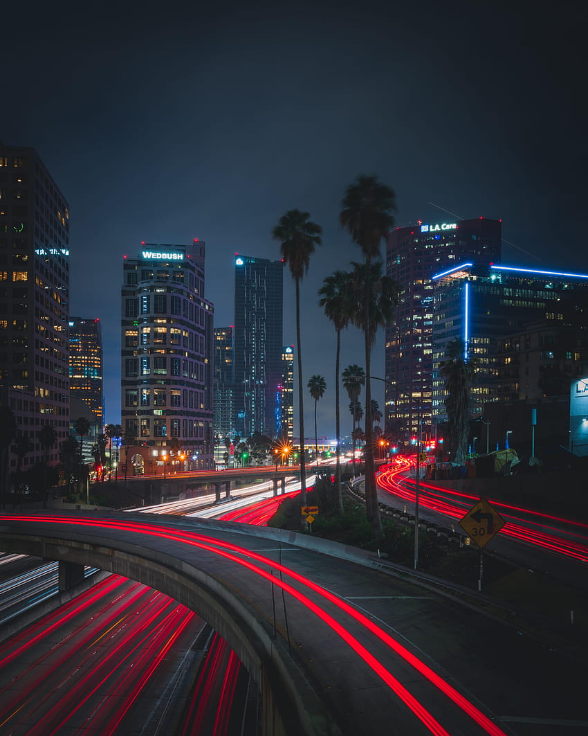 Luces de la ciudad, ciudades, carreteras, palmeras, movimiento, tráfico, ciudad nocturna fondo de pantalla del teléfono