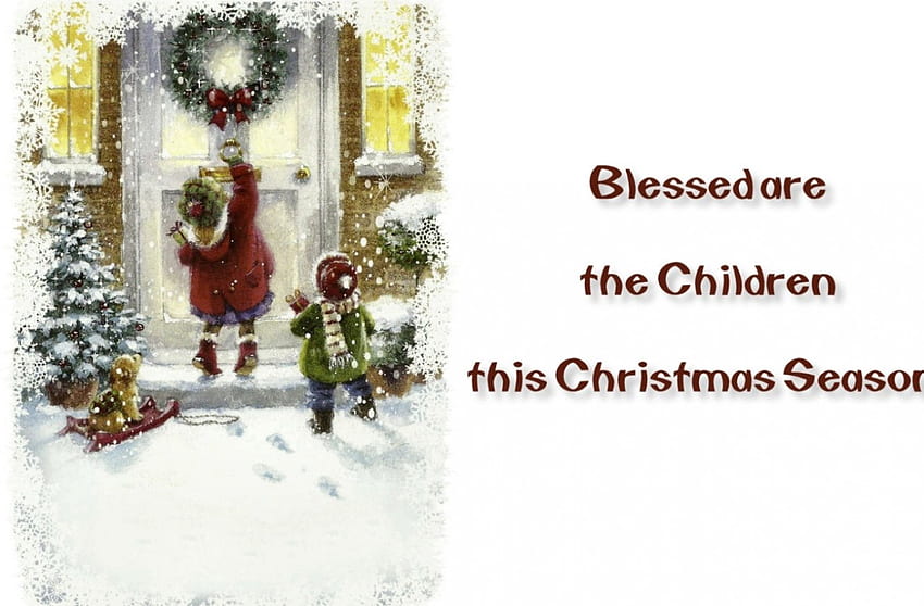 Благословени деца, зима, деца, декември, изкуство, красиво, илюстрация, произведение на изкуството, пейзаж, повод, широк екран, празник, , врата, Коледа, сняг HD тапет