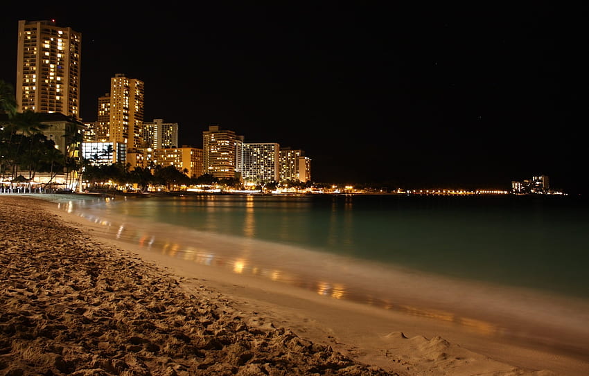 Natur, Nacht, Strand, Sand, Stadt, Lichter, Ufer, Ufer, Wolkenkratzer HD-Hintergrundbild