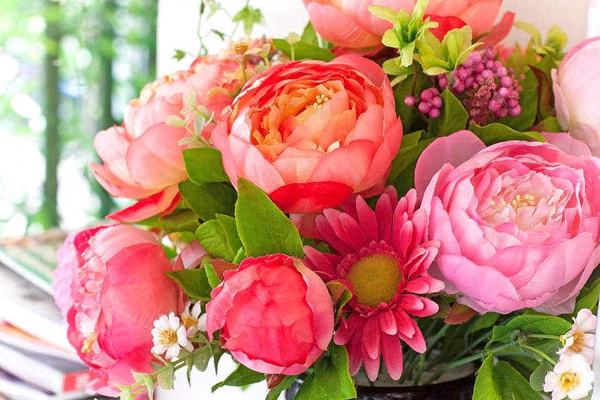 Bukiet kwiatów, różowy, bukiet, kwiaty, piwonie Tapeta HD