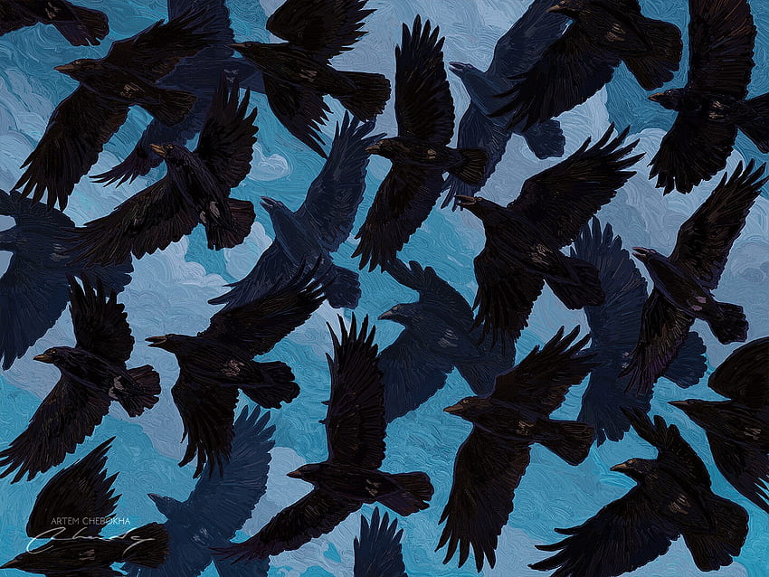 Rooks, black, art, fantasy, bird, sky, artem chebokha, blue, up, pasari HD wallpaper