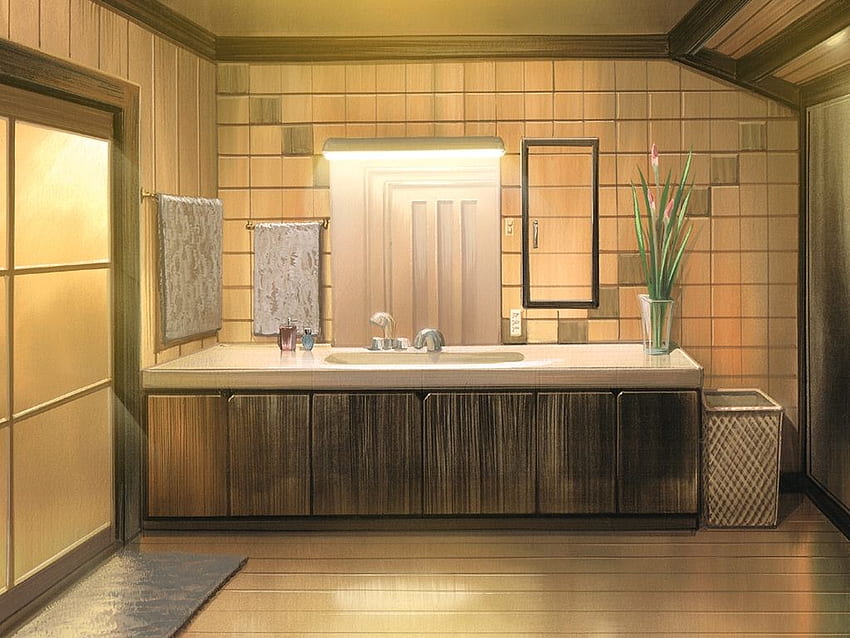Anime-Landschaft: Schönes und warmes Badezimmer (Anime-Hintergrund) HD-Hintergrundbild