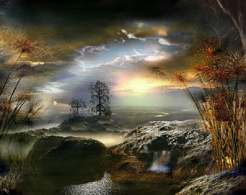 Lanskap Ethereal, rerumputan, lanskap, bebatuan, tumbuh-tumbuhan, fantasi, awan, pohon, langit, air Wallpaper HD