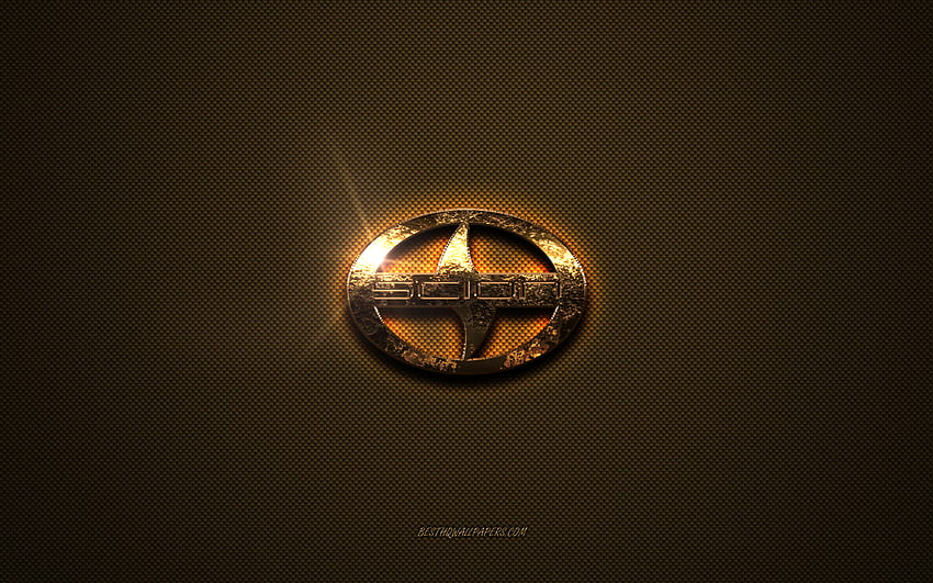 Złote logo Scion, grafika, brązowe metalowe tło, emblemat Scion, logo Scion, marki, Scion Tapeta HD