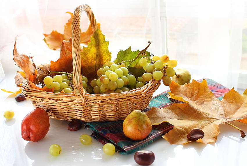 Frutas, Alimentos, Uvas, Cesta papel de parede HD