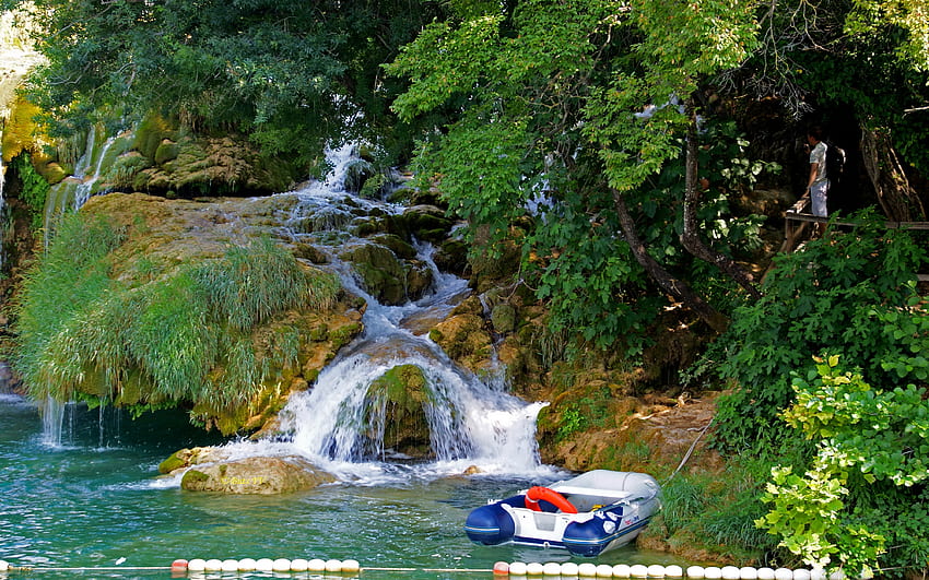 Natur, Wasserfall, Boot, Ich sehe, Wolkenlos, Touristen, Kroatien, Boje HD-Hintergrundbild