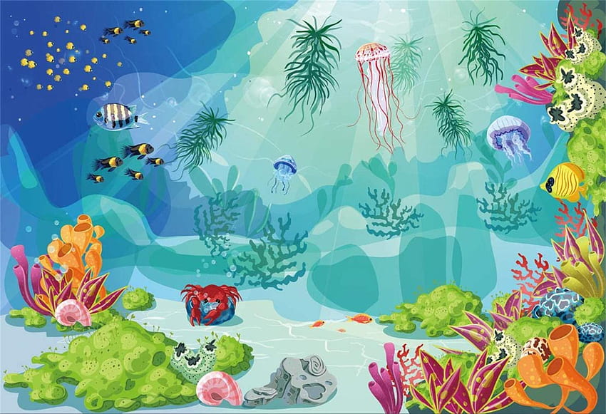 Laeacco .5ft kreskówka podwodny świat winyl wykres tło promienie światła Słodkie wieloryby ryby żółw koral tło dziecko dzieci dziecko baner Birtay safari syrenka impreza elektronika tło .uk, baner z kreskówek Tapeta HD