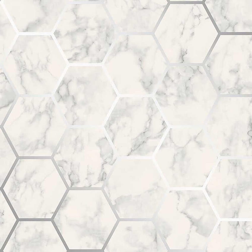 Hexagon Geometric Marble Kitchen White Grey Silver Metallic Vinyl HD phone wallpaper